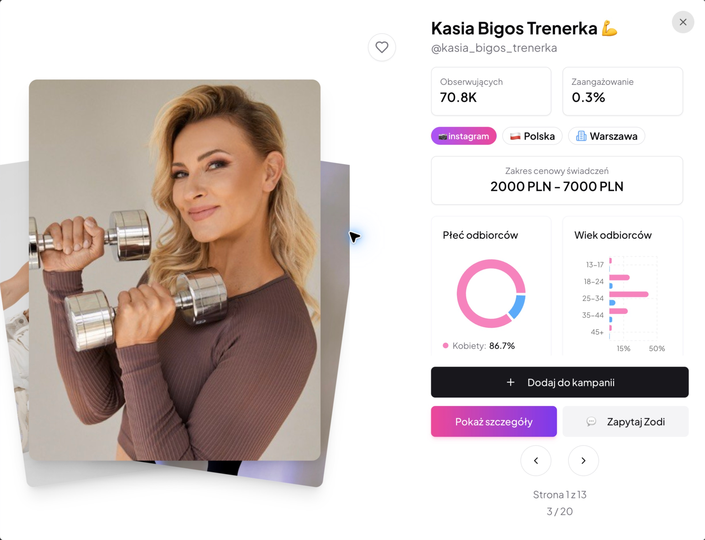 Kasia Bigos w Zodi — profil, zaangażowanie i demografia odbiorców