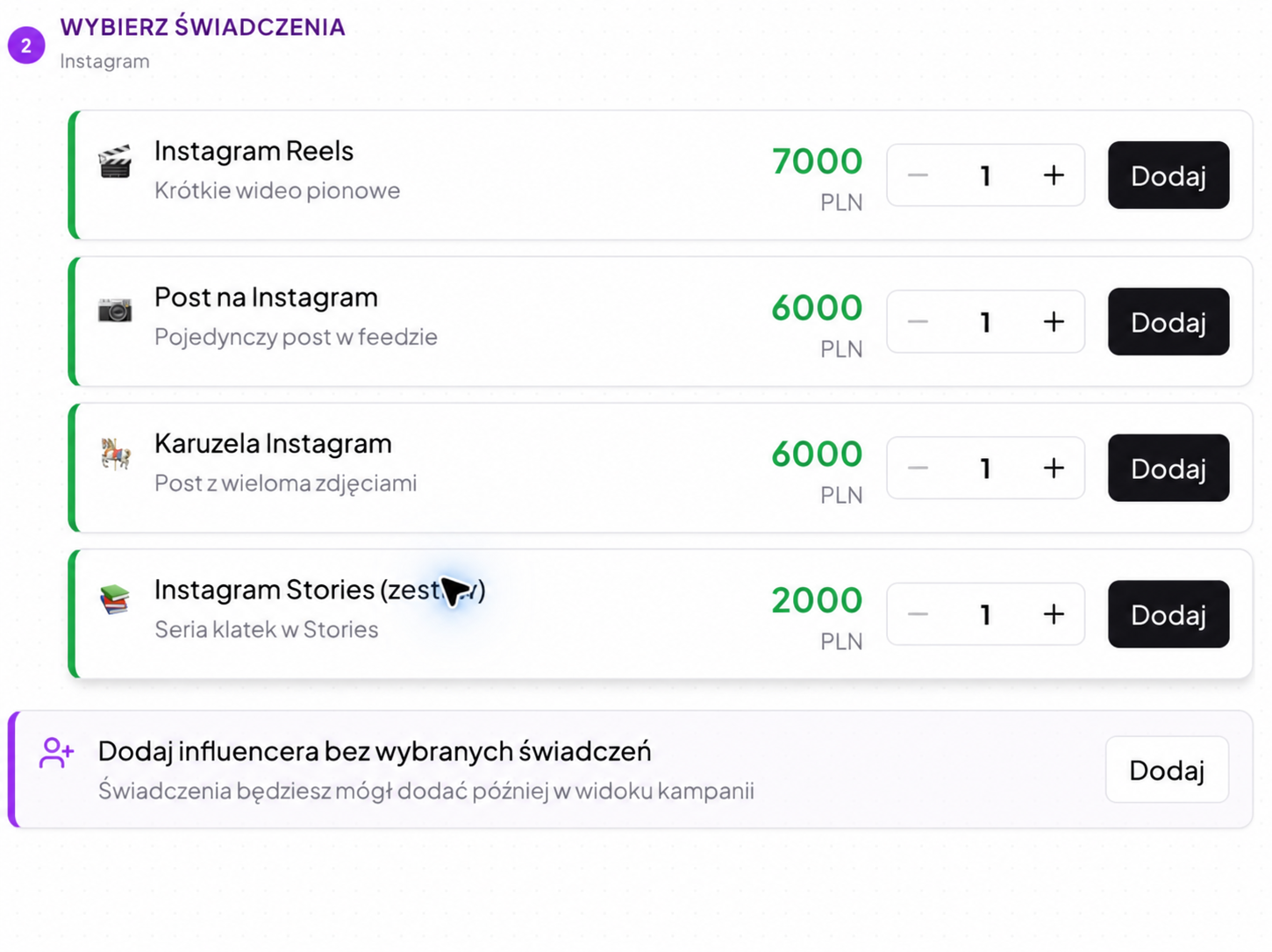 Formaty publikacji i ceny szacowane przez algorytmy Zodi w profilu twórczyni